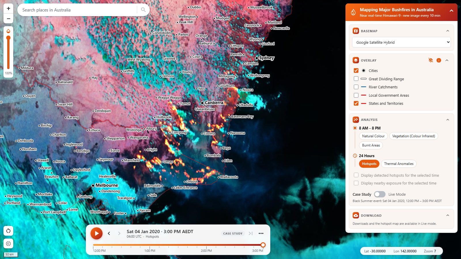 The mapping app showing the Hotspots composite over south-east Australia on 4 January 2020, with active fire fronts glowing orange between Canberra, Omeo and Mallacoota.