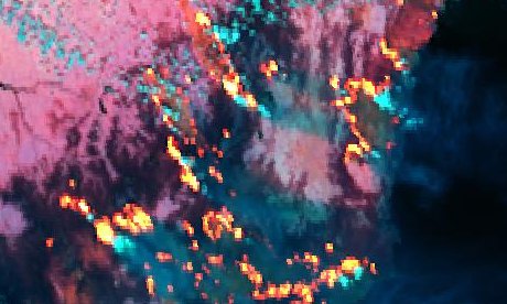 Hotspots composite: active fire fronts glowing yellow and orange