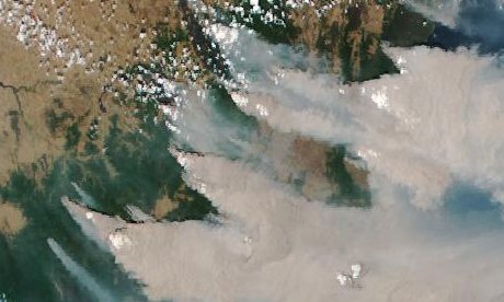 Natural colour composite: smoke plumes streaming east over south-east Australia